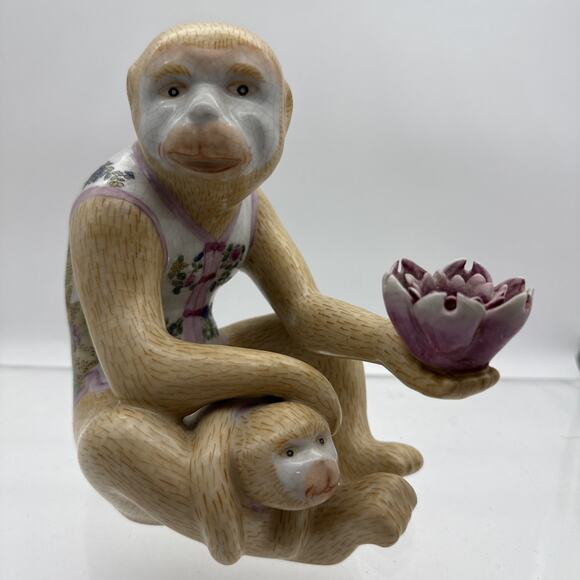 Vintage Chinoiserie Porcelain Ceramic Monkey Baby Lotus Flower People Rep China - Picture 3 of 16